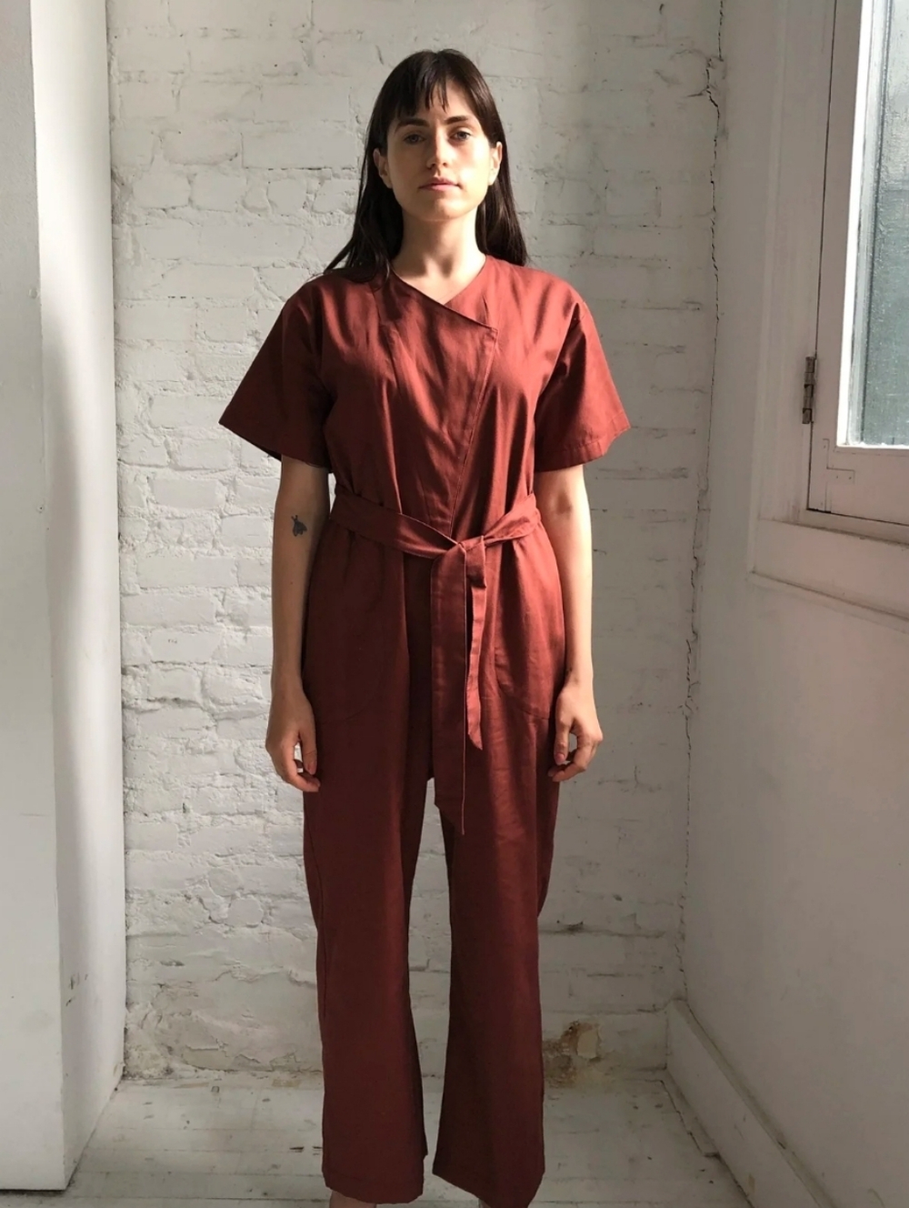 Reifhaus Lazlo Jumpsuit In Japanese Cotton Oxford Terracotta Maroon